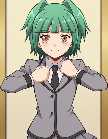score_9, score_8_up, score_7_up, source_anime, <lora:kaede-kayano-s1s2-ponyxl-lora-nochekaiser:1>, kaede kayano, short hair, bangs, brown eyes, yellow eyes, green hair, hair intakes, anime screencap,, blazer, grey blazer, school uniform, pleated skirt, necktie, grey skirt, black necktie, white shirt, collared shirt, long sleeves,, temple, holy, sacred, religion, traditional, smile, <lora:giorno-giovannas-pose-ponyxl-lora-nochekaiser:1>, giorno giovannas pose, giorno giovanna's pose (jojo), jojo pose, hand up, arm up, clenched hand, hand on waist, blush, shirt, smile, bed room, cowboy shot, looking at viewer, solo,, dutch angle, cowboy shot