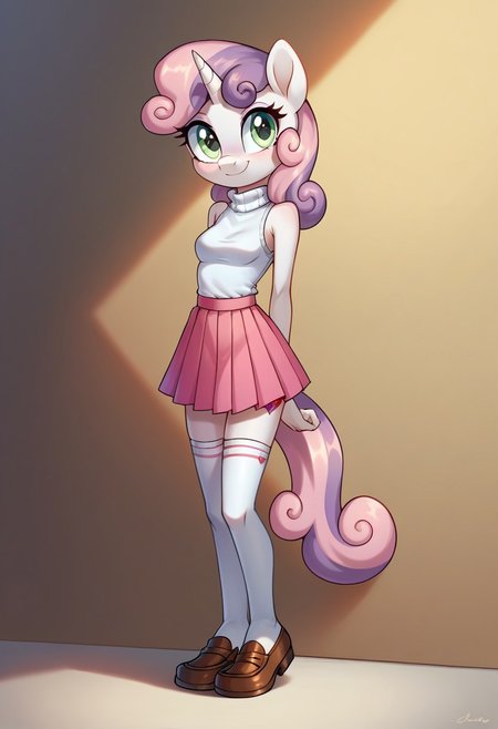 score_9, score_8_up, score_7_up, score_6_up, score_5_up, score_4_up, j3n, 1girl, solo, Full body, female, petite, furry, Sweetie Belle_(mlp), Pale light grayish harlequin eyes, unicorn, Grayish mulberry hair with pale light grayish rose streaks, Light gray Skin, small breasts, pleated skirt, white shirt, pink skirt, white thighhighs, sleeveless, turtleneck, loafers, smile, standing, legs together, arms at sides