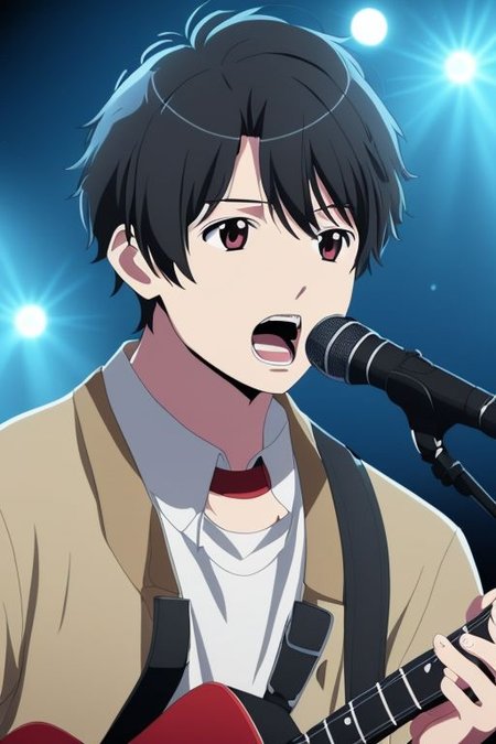 high resolution, solo, best quality, 1Boy, Inaho Kaizuka, Black Hair, singing, portrait, dept of field, virtual concert, playing musical instrument, OverallDetail