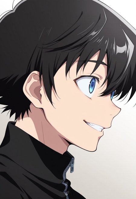 masterpiece,best quality,amazing quality, source_anime, 
YukiteruAmano, 1boy, male focus, solo, blue eyes, black hair, black shirt, turtleneck, zipper, smile, grin, portrait,