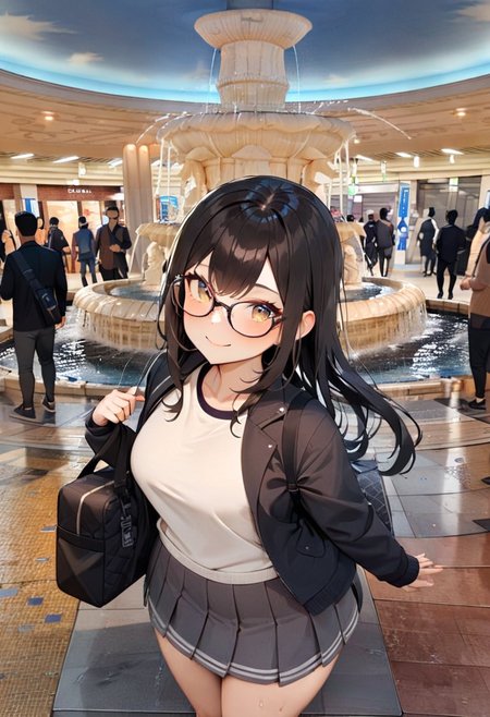 masterpiece, best quality, very aesthetic, absurdres,
1girl, solo, glasses, black hair, long hair, jacket, skirt, black bag, smile, looking at viewer, solo focus,
izuminohiroba, scenery, water, sky, multiple boys, fountain, real world location, ceiling, tile floor
 <lora:izuminohiroba_SDXL_V1:1>