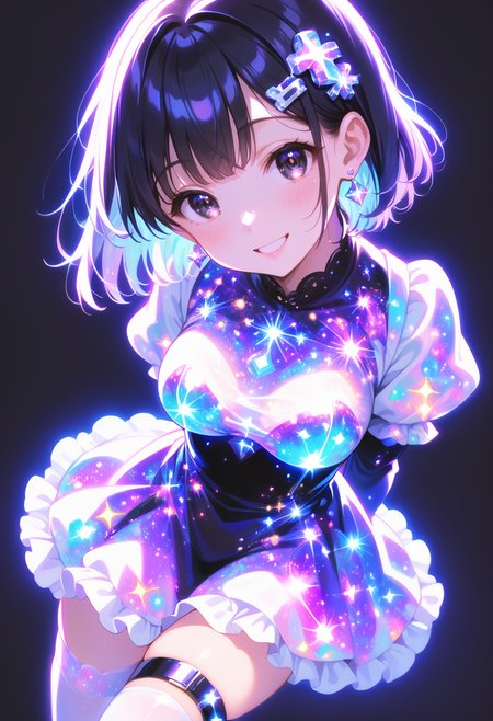 score_9, score_8_up, score_7_up, source_anime, masterpiece, best quality, perfect anatomy, very aesthetic, ((outlined outlined vector graphics)),no norm,
, cute face, (glow eyes:0.8), 1girl, 
20yo, black hair, black eyes, short bob hair, hair pin,mdeium  breast, slender,(white thigh strap:1.1), ,solo, glittering, glowing, black background , simple background,   from above ,  looking up , smile, __nomal_mouth__,
, looking at viewer, blush, short hair, bangs, thighhighs, long sleeves, dress, jewelry, medium breasts, cowboy shot, earrings, puffy sleeves, colorful, colorful milkyway outfit, happy, milkyway outfit, simple background, purple background, black background,milkyway hair, milkyway eyes , black dress,   jumping,  ,  arms behind back,  <lora:milkyway-outfit-01:0.8>