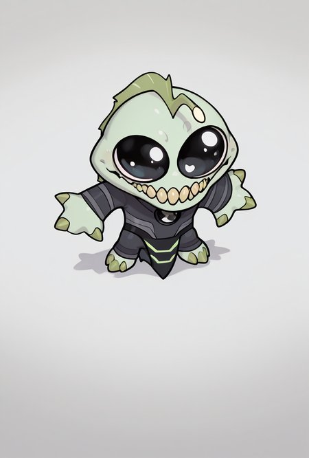 <lora:ripjaws-08:1> ripjaws, sharp teeth, solo, claws, 1boy, light green skin,   <lora:silly-guy-il:1> mikus-concept, full body, big eyes, chibi, masterpiece, best quality, amazing quality, very aesthetic, absurdres, newest,