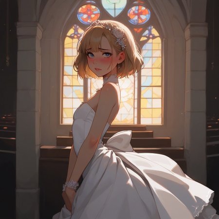 Expressiveh, score_9, score_8_up, score_7_up, score_6_up, score_5_up, score_4_up, 
best quality, highly detailed, ultra high quality, masterpiece, high res, godrays, 
Shy, blushing, aroused, 
 1femboy, (pretty face:1.1), (skinny:1.2), slim body, flat chest under clothing, open chest, cleavage, standing, at altar, white dress, wedding dress, tight dress, blonde hair, longe hair, beautiful stylish hair, shy look, embarrassed, looking at viewer, solo, in church, sun light, side view, view from side, waiting,
