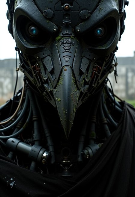 ajweathbo. The high-resolution CGI artwork depicts a weathered robot with the visage of a raven or crow. Its face is crafted from dark, corroded metal, worn down by time, with deep cracks and patches of rust. Overlapping mechanical plates mimic the layered feathers of a bird, some bent or broken, reinforcing its aged and battle-worn appearance.
Its eyes glow with a cold, ghostly white light, as if remnants of a long-lost soul still linger within. The metallic beak is long and slightly ajar, engraved with fine details and lined with tiny screws that hint at its intricate construction. Cables and wires stretch across its face like sinewy tendons, giving it an eerie semblance of life.
A tattered, dark cloak drapes over its shoulders, frayed and covered in patches of moss and lichen, as if nature is slowly reclaiming it. The background is a foggy, desolate ruin, shrouded in mist, enhancing the sense of decay and mystery surrounding this spectral machine.