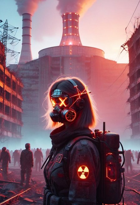 4D render, Chernobyl disaster, nuclear ,  Apocalypse,girl, detailed face, portrait, glowing x, minimalist outfit, anti social , ,cyberpunkartstyle,ruined ancient city,Professional styling, intricate details,8k post production, faithful, Religious denomination,