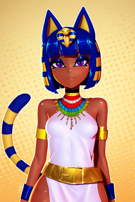 score_9, score_8_up, score_8, medium breasts, (curvy), cute, eyelashes,       BREAK, , BREAK, zzEgyptian, animal crossing, animal ears, zzAnkha, armlet, backlighting, bare shoulders, belt, blonde hair, blue hair, blunt bangs, blunt ends, bob positive:BREAK, cut, cat ears, cat girl, cat tail, closed mouth, cropped, daniel deng, dark skin, dress, eye of horus, eyelashes, eyes visible through hair, facial positive:BREAK, tattoo, humanization, purple eyes, shiny skin, short hair, slit pupils, tattoo, usekh collar, white dress ,   <lora:Egyptian_PDXL:0.8>,, <lora:Zy0n7_PDXL:1.0>, , BREAK,  smile, looking at viewer, cowboy shot,  embedding:zPDXL, Expressiveh, <lora:SDXLFaeTastic2400:0.5>,  <lora:Expressive_H-000001:0.4>,