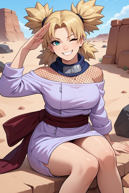 score_9, score_8_up, score_7_up, score_6_up, source_anime, 1girl, solo, <lora:temari-pdxl-nvwls-v1-000007:1> tmri, blonde hair, short hair, cyan eyes, lavender dress, off-shoulder, long sleeves, fishnets, fishnet top, sash, big breasts, sitting, desert, rock, looking at you, salute, happy, smile, wink, necklace, black choker