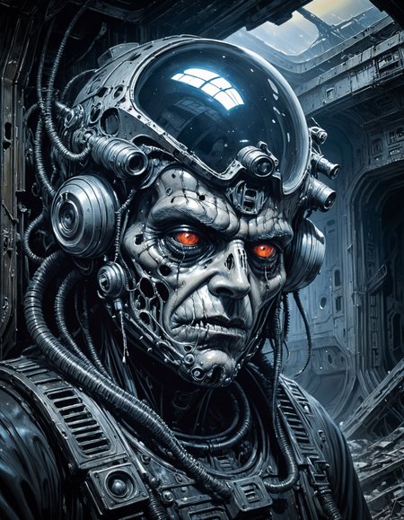 "Close-up, front-facing view of a scavenger, his face reflecting horror, within the chilling confines of a derelict space station. Sharp contrasts, lavishly intricate, drawing from H.R. Giger", surrealism, weird and pissed off, oil on canvas, dry brush, <lora:John Berkey Style:0.9>, John Berkey Style