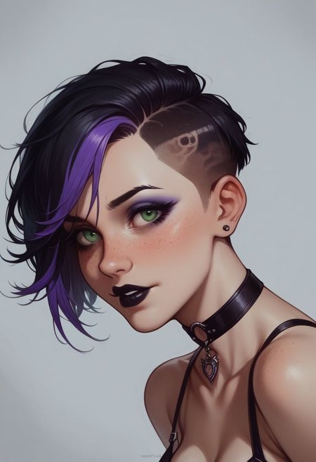 Best quality, masterpiece, detailed picture, realistic, score_9, score_8_up, score_7_up,
((sexy 18 year old tomboy, perfect body, fair skin, cute face, freckles, medium breasts, ((choker, black lipstick, purple eyeshadow, eyeliner, green eyes, black hair, two-tone hair, purple IncursioDipDyedHair, pixie cut purple hair, dimples, colored_buzzcut_hairstyle)), firm butt, round ass, perfect hands, perfect face), <lora:hairstyles-coloredbuzz:0.5>, 
gothic, goth fashion, parted lips, blush, nose blush, ((((face focus, view from above, close up of face, solo, alone)))), ((((portrait))))