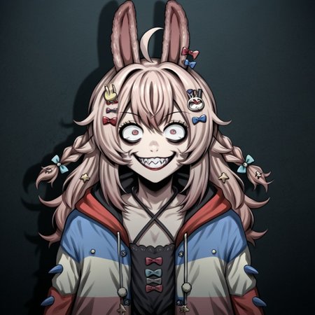 masterpiece , best quality, 1girl, solo, PippaBase, long hair, braid, ahoge, hair ornament, hair bow, multicolored jacket, sleeves past wrists, criss-cross halter, (psychotic smile:1.1), (evil expression:1.1), bulging eyes, smiling at viewer, grin, female focus, evil smile, Sinister_Smile, shadow on the face, Macabre, Terror, Menacing_Smile, Disturbing_Expression, Grotesque_Style, Painting, Intense_Colors, Dark_Contrast