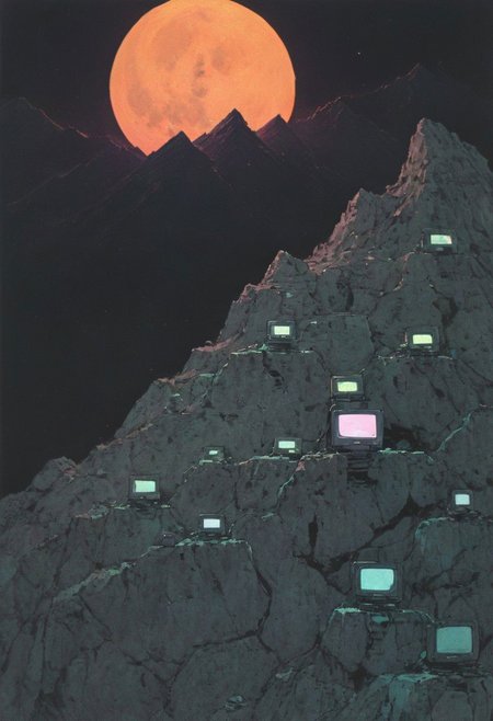 detailed colorful sketch by herg, n-eeyblch, neon-pastel Dark photo, Create a short story inspired by the photo of dystopian Himalayan Sherpas hauling a pile of old computers and electronic waste up a desolate mountain, with the vast landscape and a broken moon in the background.