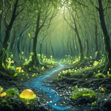 a sl1m3d racoon walking on a glowing slime-morph mushroom forest