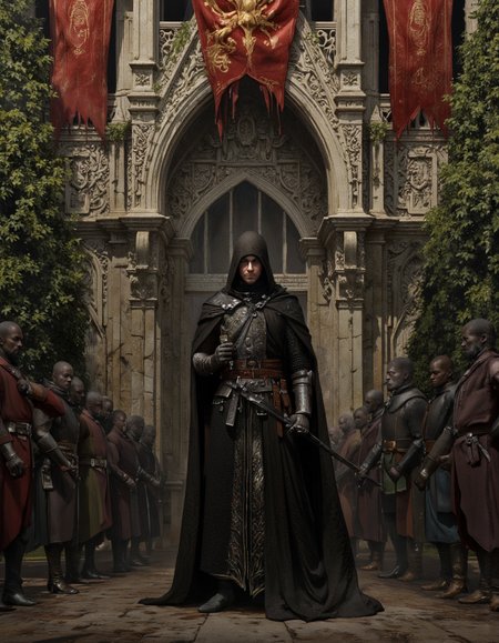 By Arthur Yuan. A photo-realistic depiction of a dark knight standing in the middle of the image, surrounded by a group of dark-skinned individuals. the knight, who appears to be in his early twenties, is wearing a long, dark cloak with intricate patterns and a hood that covers his face, and he is holding a sword in his right hand. he is standing in front of a grand, ornate building with intricate carvings and red banners hanging in the background. the building is surrounded by lush greenery, and the scene is set in an outdoor, medieval setting. the image has a dramatic, moody atmosphere, with a focus on the knight and the surrounding environment.