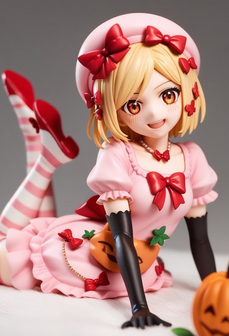 score_9, score_8_up, score_7_up, highres, absurdres, solo, 1girl, blush, smile, looking_at_viewer, Rambda, blonde hair, short hair, orange eyes, hair ornament, necklace, pink hat, pink gown, red bow, short sleeves, elbow gloves, striped kneehighs, lying on stomach,