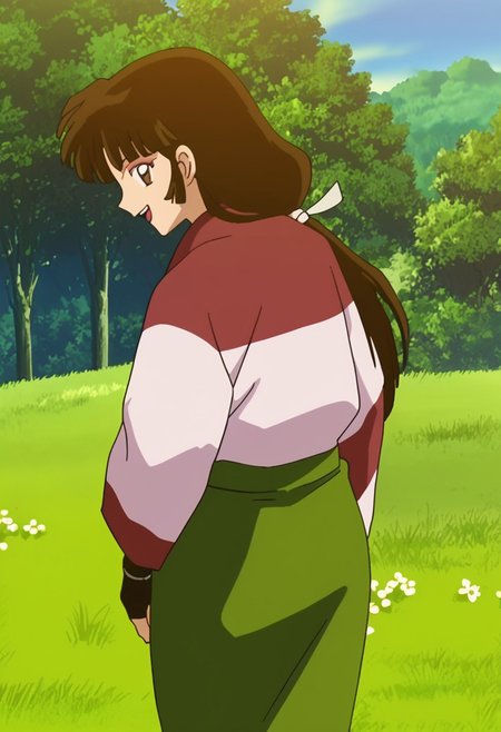 score_9, score_8_up, score_7_up, score_6_up, score_5_up, source_anime, rating_safe, best quality, extremely detailed, highres, perfect detailed, 8k, masterpiece, parody (InuYasha style), absurdres, official art, official style, InuYasha artstyle, anime coloring, retro style, flat shadows, anime screencap
BREAK Sango, 1girl, brown eyes, brown hair, black hair, long hair, low-tied long hair, makeup, bangs, Japanese clothes, kimono, green skirt, skirt, fingerless gloves, gloves, open mouth, smile, standing, from behind, looking back, straw sandals, confused
BREAK grass, beautiful flower field, forest, trees, blue sky, sky