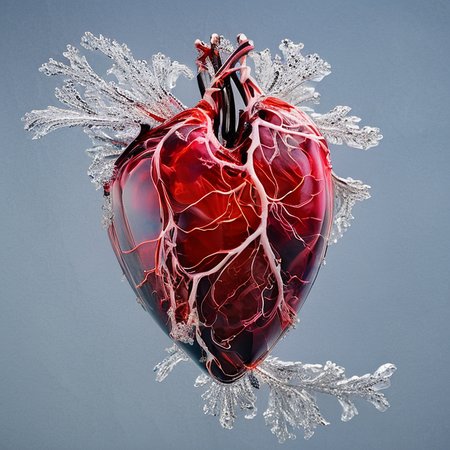 heartart , realistic snow heart  made out of refractive cracked frozen ice and snow, render,  cgi, 3d, extremely detailed,blue ice veins, colored backdrop, photohelper