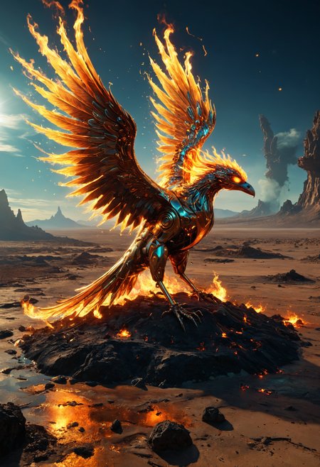 Psychedelic style ((( Phoenix Rebirth: A magnificent mechanical bird forged from molten meta-alloys that continuously cycle between solid and liquid states, capable of resurreecting fallen allies through its transformative regenerative flames. ,36. Alien spaceship crash site in a barren desert, shiny chrome elements)))Every time someone laughs too hard, their body briefly turns transparent, revealing glowing organs inside them.
 (((with exaggerated expressions))) continue, Creative Shadow Play: Position your subject against strong light sources casting interesting shadows on surfaces; capture these interactions for dynamic compositions full of contrast..(dynamic:1.1),sun rays, 
(Vivid, HDR, Canon50, 8K, Hyper Realistic, Dramatic, Epic, Dynamic Contrast, Cinematic Lighting, increased brightness)(((Zoomed Out, Far away Shot))) = =. Epic dynamic lighting , vibrant,highly detailed,psychedelic,((Psychedelic, rainbow glow ))
((Vivid, Epic, Dynamic contrast)) (((Zoomed out, Far away shot, In frame)), (((Cinematic, Studio lighting, Contrast)))
<lora:juggernautXL_version6Rundiffusion:0.8><lora:rundiffusionXL_beta:0.8><lora:epicrealismXL_v5Ultimate:0.8><lora:crystalClearXL_ccxl:1><lora:extremely_detailed:0.8> extremely detailed
 <lora:hyperkraximalism:0.4> hyperkraximalism
<lora:QuadpipeQp_sdxlV2:0.4> 
<lora:xl_more_art-full_v1:0.1>
<lora:RMSDXL_Darkness_Cinema:0.2>
<lora:glowneon_xl_v1:0.8> glowneon, glowing, sparks, lightning, - Generate images with sharp edges and fine details.
- Produce high-resolution images with no blurriness or distortions.
- Create images with clear and well-defined subjects.
- Ensure that the output images have crisp lines and distinct features.
- Generate images with vibrant colors and accurate tones.
- Avoid noise or artifacts in the generated images.
- Focus on producing clear textures and patterns in the images.
- Emphasize clarity and definition in all aspects of the generated images.
- Prioritize the sharpness and clarity of the main subjects in the images.
- Optimize the AI model to produce clear and visually appealing images., Wlop, By art germ . Vibrant colors, swirling patterns, abstract forms, surreal, trippy