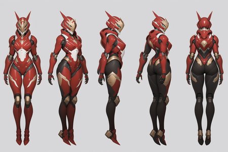 (GENERAL:0), mecha, robot, masterpiece, best quality, very aesthetic, absurdres, solo, standing,
(VIEWS:0),  full body character turnaround of mecha,
Multiple views of the same mecha,  (simple background, white background:1.2), multiple views, side view, back view, front view, 
,
mask, helmet,
Pig\(animals\)ï¼
warframe,
plate armor, power suit, alien,
android, cybersuit, upper armor, mechanical arms, machinery, prosthesis,
(bodyshape:0), Long-limbed body,
(clothing:0), (korean girl style/dayilylook2:0.6), 
(red  
holy  theme character design:1.1),
 <lora:MechTurnXLRemix_v1:.75>
 <lora:MechTurnXL_v1:.25>
<lora:ClothTurnXLRemix_v1-000004:.25>
 <lora:ClothTurnXL_v1-000004:0.25> 
<lora:CharTurnXL_v2:0.25>
 <lora:xl_more_art-full_v1:.25>,
 <lora:Alphonse Mucha Style:.1>, Alphonse Mucha Style page
 <lora:å½é£æç»SDXL:.1>