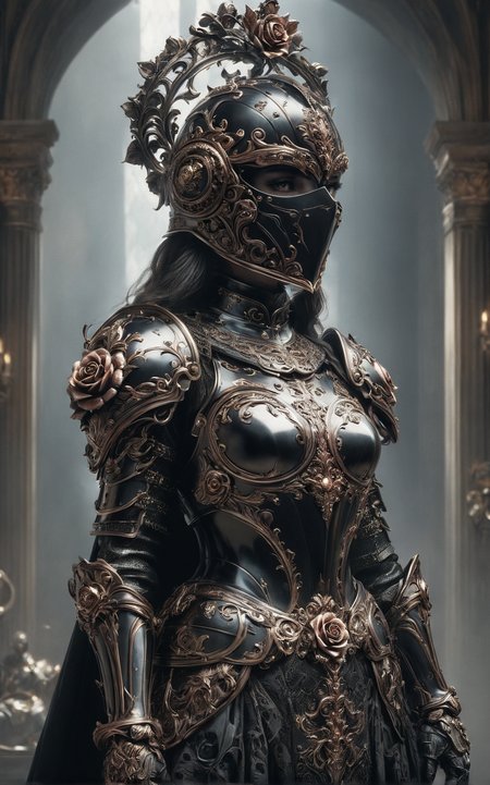   ral-18thlxry,Amidst the opulent court of a queen, one knight stands out. Clad in blackened plate armor, polished to a mirror sheen, she is known as the Iron Rose, the queen's most trusted protector. Her helmet, adorned with a single, exquisite rose crafted from iron, never leaves her side, a symbol of her unwavering loyalty and the iron will that lies beneath her stoic exterior.,black face shield