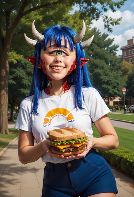 1girl, woman, Caco-chan, solo, horns, green eye, cyclops, ears,  blue hair, ( holding sandwich long bread:0.9), looking at viewer, blue shorts, (orange hoody:1.1), smile, middle breasts, park on background, <lora:Caco-chanPonyV6:1>, score_9, score_8_up, score_7_up,