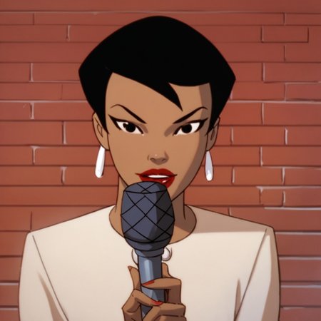 score_9, score_8_up, score_7_up, 1girl, solo, lipstick, black hair, short hair, black eyes, dark skin, cream jacket, earrings, Angela Chen (dc), looking at viewer, microphone, face focus, pov