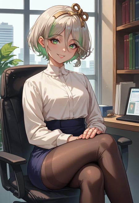score_9, score_8_up, source_anime, 1girl, solo, CeciliaImmergreen, hair ornament, doll joints, short hair, braid, indoors, office lady, office chair, sitting, crossed legs, miniskirt, black pantyhose, dress shirt, smile, <lora:ChamCeciliaImmergreenPonyXL:1>