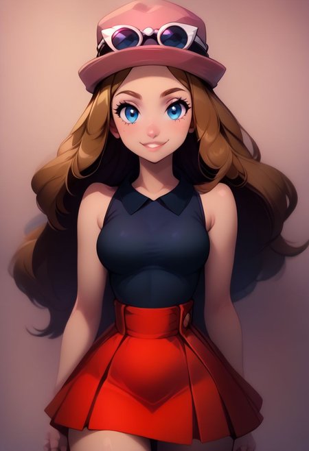 score_9, score_8_up, score_7_up,  pretty girl, vivid bright colors, highly sexual poses,  pinup art, solo, 
BREAK, 
serena, long hair, blue eyes, brown hair, eyewear on head, hat, skirt, sunglasses, shirt, black shirt, sleeveless, red skirt, pink hat,
BREAK,
wide hips, narrow waist, 
BREAK,
solo, smile, looking at viewer, cowboy shot, zPDXL