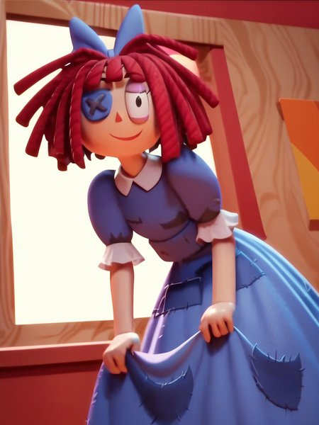 score_9, score_8_up, score_7_up, 1girl, naughty face, leaning forward, sexy pose, very happy, looking at viewer, dynamic pose, cowboy shot, colorful room, dress lift, from below,
 <lora:ARagathaV2_character:1>, RagathaXLP, red hair, single blue eyepatch, hair bow, dress, puffy short sleeves, blunt bangs, cartoon, screencap,