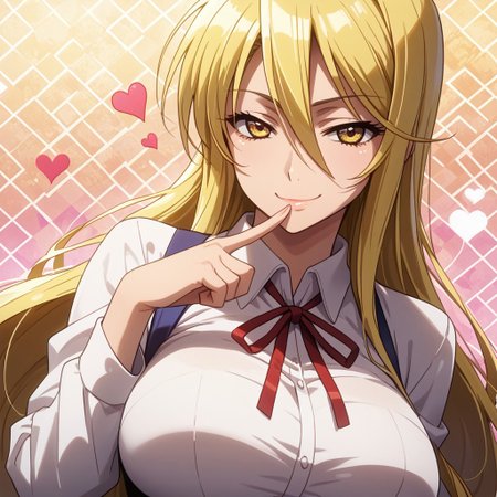score_9, score_8_up, score_7_up, 1girl, solo, looking at viewer, anime coloring, upper body, close-up, portrait, 
<lora:Shizuka_Marikawa_Dwnsty:0.8>, shizuka_marikawa, blonde hair, yellow eyes, long hair, low-tied long hair, hair between eyes, sidelocks, white shirt, collared shirt, red ribbon, neck ribbon, black skirt, long skirt, pencil skirt, 
lips, huge breasts, light smile, mature female, finger to mouth, smirk, naughty face, 
sunlight, abstract background, argyle background, rainbow, heart, 
 <lora:Hotd_Artstyle_Dwnsty:0.7>