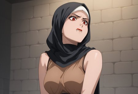 score_9, score_8_up, score_7_up, score_6_up, score_5_up, score_4_up, source_explicit, BREAK, solo:1.6, 1girl, vampire, black hair, red eyes, brown cloth tube-tob, midriff,  (dungeon background:1.5), (long black hair sticking out from black hijab:), long black hair:1.7,  sleeveless, vampire fangs, , pale skin, , sm_an_stl, source_anime, anime screencap, anime, animification, BREAK,  , hijab , ((brown hemp top)), ((brown hemp clothing)),  stone walls, wall torches, bangs sticking out from hijab, stern expression,,  standing, bending down, discovering foot prints, investigating, looking down, thinking, cowboy shot , stone brick  well,