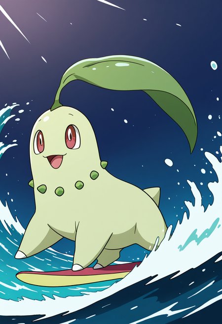 masterpiece, best quality, no humans, solo,    zzChikorita, surfing, wave, ocean,    ,<lora:ChikoritaPokedex_IXL:1.0>,