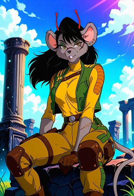 CarbineBMFM, 1girl, solo, furry female, anthro, mouse, grey fur, grey skin, animal ears, red antennae, black hair, long hair, bangs, brown eyes, black snout, scar on face, incisors, teeth, earrings, ear piercing, large breast, thick thighs, mouse tail,  green vest, yellow turtleneck, elbow length sleeves, brown gloves, belt, light brown pants, brown boots, military uniform, holster, knee pads,
,seductive pose, sexy pose, tease, 
masterpiece, best quality, fine details, intricate details, depth of field, subsurface scattering, bokeh,
 ultra-detailed, very aesthetic, detailed background, newest, scenery, highres, absurdres, colorful, vibrant, glowing, perfect face, 2d, perfect eyes,  vibrant saturated colors, volumetric lighting, sharp, detailed eyes, perfect anatomy,  perfect face, perfect eyes, mature body, clear eyes, beautiful eyes, athletic, curvy body, athletic girl, perky tits, perfect tits, round breasts, pinup pose, teasing, lustful expression, perfect hands, 
muscular female, dutch angle, 
 floating hair, floating clothes, outdoors, sitting, stone, ruins, blue sky, cloud, grass,
,Smooth Negative, Smooth_Quality,
90s_anime_aesthetic, 1990s (style), dark_fantasy_style, dark fantasy, retro,, retro artstyle