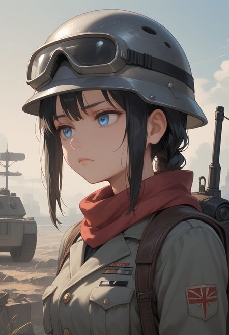 score_9, score_8_up, score_7_up, easynegative, realistic style, symphtia-style, dim lighting, detailed face, 1girl, blue eyes, black hair, (single braid: 1.2), ((small breast)), 
wehr, grey military uniform, grey helmet, goggles on helmet, scarf, backpack, ammunition pouch, (head down:1.2), looking down, black eyebags, tired face, BREAK dark, portrait, from side, hand on helmet, outdoors, ((torn clothes)), Dirty Clothes,