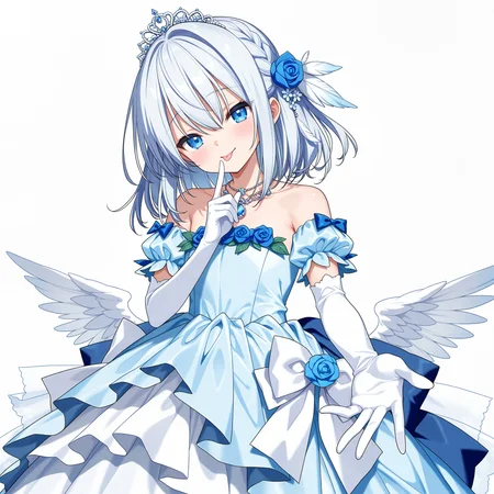 <lora:Shirahato_Inori_1_nai-000027:1>,Shirahato Inori,otoko no ko,
braid,hair flower,feather hair ornament,tiara,elbow gloves,white gloves,necklace,blue dress,jewelry,blue rose,detached sleeves,dress flower,layered dress,long dress,strapless dress,off-shoulder dress,dress bow,frilled dress,white dress,white bow,blue bow,puffy short sleeves,sleeve bow,low wings,flower-trimmed dress,
1girl,solo,smile,looking at viewer,reaching towards viewer,tongue out,white background,face focus,finger to mouth,head tilt,