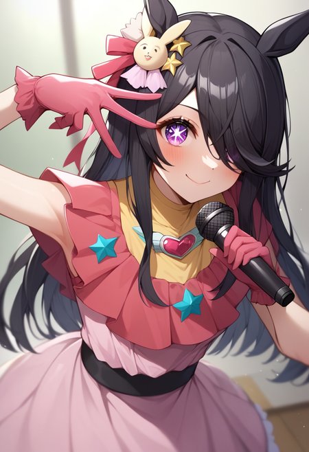 score_9,score_8_up,score_7_up,<lora:oshi_no_ko:1>,1girl, hoshino_ai_\(oshi_no_ko\)_\(cosplay\), rice_shower_\(umamusume\), horse_girl, solo, holding_microphone, standing, blush, smile, black_hair, rabbit_hair_ornament, star_hair_ornament, v_over_eye, highres, blurry_background, closed_mouth, commentary, hair_over_one_eye, horse_ears, looking_at_viewer, pink_dress, pink_gloves, purple_eyes, star-shaped_pupils