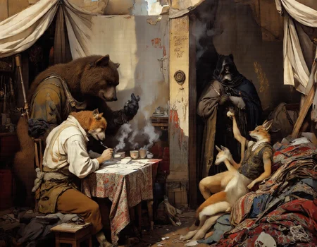 <lora:funnys:1>, This is a high-resolution, ultra-realistic CGI-rendered illustration reimagining Ilya Repin's masterpiece "The Zaporozhian Cossacks Write a Letter to the Turkish Sultan" with anthropomorphic animal characters. Every detail is rendered with meticulous precision, capturing lifelike textures and lighting that blur the line between reality and artistry. The scene features four distinct anthropomorphic animalsâa bear, a hare, a fox, and a wolfâeach portrayed with anatomically accurate proportions, realistic fur, and expressive human-like gestures., 
At the heart of the composition sits the towering bear, his immense frame draped in a tunic made of coarse, handwoven fabric. His thick fur, rendered with photorealistic detail, shows individual strands catching the sunlight streaming through gaps in the tent roof. Each hair glistens subtly, creating a tactile sense of depth and realism. His weathered face conveys intense emotion as he dictates the letter, his deep-set eyes gleaming with fiery determination while his broad paws gesture emphatically. A faint scar runs along his left cheek, adding to his rugged appearance., 
To his right, the fox perches on a wooden stool, her lithe form poised with practiced elegance. Her sleek orange fur shimmers under the soft golden light, each strand meticulously textured to reflect her movements. She holds a quill pen delicately yet confidently in her slender fingers, pausing occasionally to glance up at the bear with a sly smile before returning to the parchment. Her sharp amber eyes glint with mischief as she adds exaggerated insults to the letter, her whiskers twitching with restrained laughter., 
Nearby, lounging on a pile of intricately patterned woven rugs, is the hare. His lean body reclines against a stack of cushions, his long ears drooping slightly from the warmth of the room. His soft gray fur has been rendered with hyperrealistic precision, showing subtle variations in tone and texture where it catches the light. Dressed in a patched vest and loose trousers, his relaxed posture contrasts humorously with the animated energy around him. In one paw, he cradles a ceramic mug filled with steaming tea, its surface reflecting tiny ripples as he raises it in mock celebration of their defiance., 
Standing at the edge of the group, leaning casually against a wooden support beam, is the wolf. His imposing figure commands attention despite his reserved stance. His dense gray fur is marked with faint scars and dirt smudges, evidence of battles fought and hardships endured. His piercing blue eyes scan the scene with quiet vigilance, betraying a hint of amusement when the others grow particularly boisterous. His cloak, woven from coarse wool, drapes naturally over his shoulders, with every fold and crease rendered in stunning detail., 
The setting is brought to life with breathtaking realism: the makeshift tent is constructed from weathered canvas, its fibers frayed and stained with age. Sunlight filters through cracks in the roof, casting dynamic shafts of light across the scene and highlighting dust particles suspended in the air. Rough-hewn wooden furniture fills the spaceâbenches, stools, and tables carved with visible tool marksâand colorful woven rugs cover the earthen floor, their intricate patterns rendered with photographic clarity. Weapons hang from pegs on the walls, including sabers and muskets, their metallic surfaces reflecting soft highlights., 
On the central table lies the half-written letter, its parchment illuminated by the natural light. Ink stains dot the edges of the paper, and scattered inkpots and quills sit nearby, some tipped over from the chaos of writing. Empty mugs and plates litter the area, remnants of a recent meal shared among comrades. Above the bustling scene hangs a faded banner bearing the inscription: "Freedom cannot be tamed.", 
Every element of this ultra-realistic depictionâfrom the delicate reflections on the ceramic mugs to the fine hairs of the animalsâ furâis crafted with extraordinary attention to detail. The result is an immersive visual experience that captures not only the humor and camaraderie of the original painting but also elevates it into a world where these anthropomorphic characters feel alive, tangible, and utterly convincing.