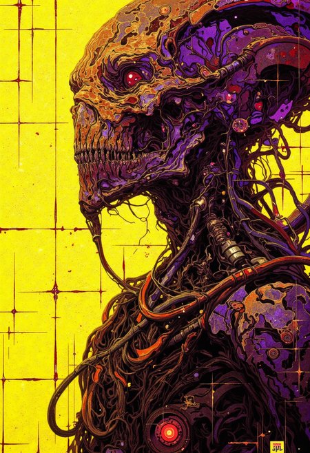 A portrait a alien biomechanic creature with shadows cast across the strange muzzle. It standing in a moody, cinematic environment. The yellow lighting is solely focused on the subject, filtered through a grid, creating intricate, patterned shadows. The rest of the scene fades into cold purple darkness. Neon glows, sparks, wires, cables, and sci-fi elements enhance the scene, with complex details throughout. The shallow depth of field, film grain effects, heightens the high-budget, dramatic atmosphere. Textures, small detales aesthetic blends intricate, surreal design with a grainy.  <lora:RetroAnimeFluxV1:0.75>   <lora:FLUX-daubrez-DB4RZ-v2:0.9> DB4RZ, low saturation., In the corner there is a small inscription "fh", like the authorâs signature.