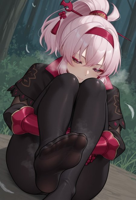 dorei,  outdoors, undershirt, falling feathers, black bodysuit, hair stick, hugging own legs, , gauntlets,   eyeshadow,   red gloves,  high ponytail,  , black capelet, red hairband, pink eyes, 1girl, solo, feet, visible breath,   dynamic angle, foreshortening, smell, steam,