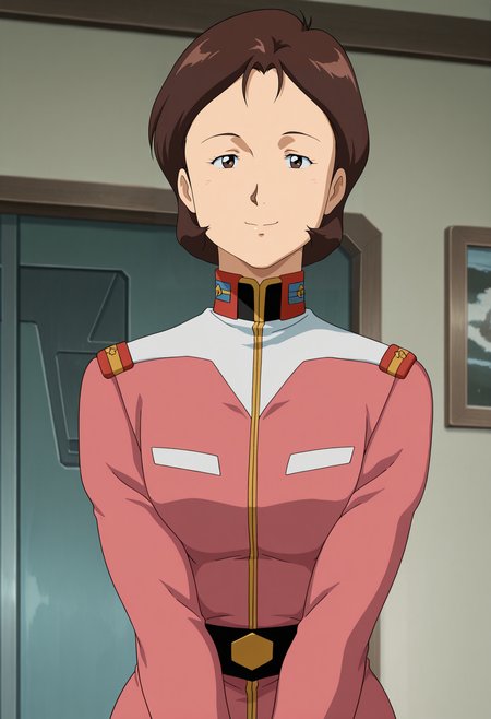 1girl,solo,mm,mature female,brown hair,short hair,retro artstyle,anime coloring,
military uniform,military,uniform,upper body, looking at viewer, smile,indoors
,masterpiece,best quality,amazing quality,<lora:Mirai_Yashima-Gundam_The_OriginCucuruz_Doans_Island:0.8>