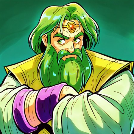 masterpiece, best quality, amazing quality, very aesthetic, absurdres, newest, borgiffl3, 1boy, short green hair, circlet, green eyes, long green baggy sleeves, long yellow tabard, purple wristband,  close up, crossed arms, beard, green beard, old man, looking to side, simple background