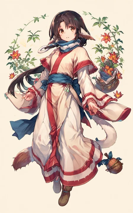 score_9,score_8_up,score_7_up,score_6_up,score_5_up,source_anime,<lora:eruruu_pony-000034:1>,1girl,eruruu_formal,tail,animal ears,long sleeves,wide sleeves,herb