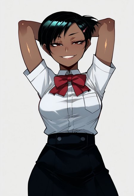score_9, score_8_up, rating_explicit, 1 girl, detailed,    absurdres, extreme_quality,1 girl,     adult woman, picture of 1 woman,  upper body focus, upper body,   5 fingers,  looking at viewer,  smug expression, smug smile,  shiny skin,     breasts,  yukop3, short hair, hairclip, dark skin, brown eyes, black hair, gekkoukan high  uniform, skirt,  hands behind head, black longsleeves, white undershirt, socks, red bow,