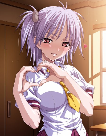 masterpiece, best quality, amazing quality, very aesthetic, absurdres, ultra detailed, official style, game cg, (vivid colors),
1girl, solo, saeki_ayame, purple hair, red eyes, gleaming skin,
school uniform, untucked shirt, skirt BREAK
blush, seductive smile, parted lips, looking at viewer, 
standing, heart hands, 
in room, upper body, sharp focus, ultra detailed <lora:saeki ayame v1.0-000014:1>