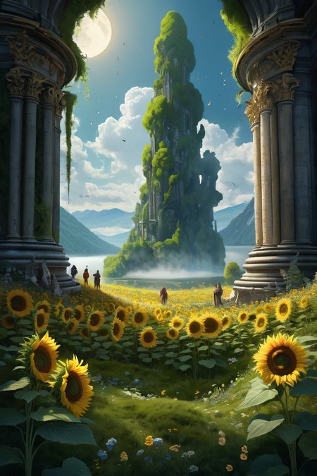 sunflower forest clearing with bee swarm ,ancient stone circles pulsating with lunar energy, smoldering sacrificial braziers illuminating moss-covered monoliths where elemental spirits materialize from mist, lake,  noon,weather sweaty indoors cinematic view, epic sky, detailed, concept art, medium angle, high detail, warm lighting, volumetric, godrays, vivid, beautiful, trending on artstation, by Rumiko Takahashi, huge scene, grass,flower, art greg rutkowski,