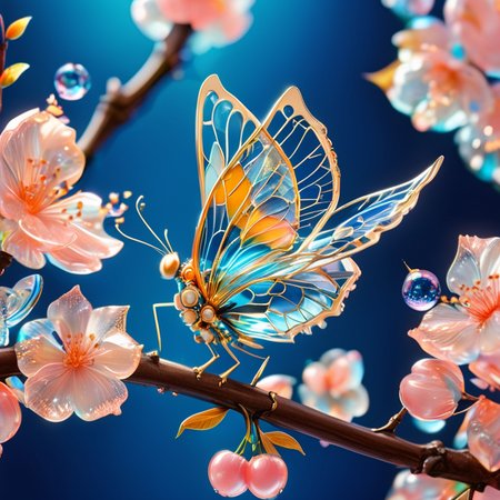 close up shot from the side, 85mm lens, a beautiful intricate mechanical clockwork butterfly, it should have bright beautiful vibrant colors,  it is standing on a branch of a cherry tree next to it is a blossoming cherry bud. avoid multiple butterfly's, deep blue background <lora:SDXLFaeTastic2400:1> <lora:lora:1>