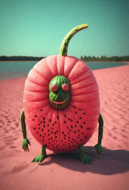 Documentary photograph, magical fantasy magic watermelon creature, cinematic light, high detail, beautiful, surreal, dramatic, warm colors<lora:Dreamyvibes artstyle SDXL - trigger with Dreamyvibes artstyle:1> Dreamyvibes Artstyle