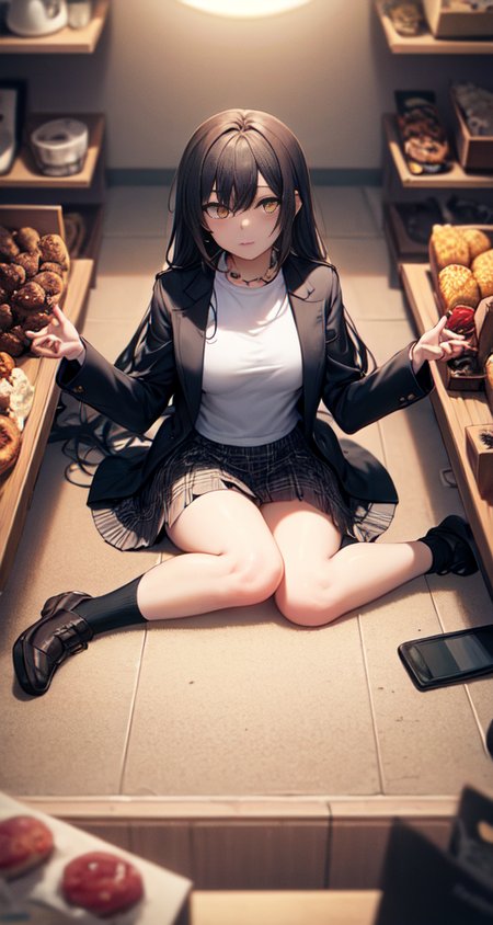 masterpiece, best quality, 1girl, food, solo, skirt, shop, indoors, jacket, shopping, jewelry, shirt, shelf,  long hair, plaid skirt, black jacket, yellow eyes, looking at viewer,Sit on the ground