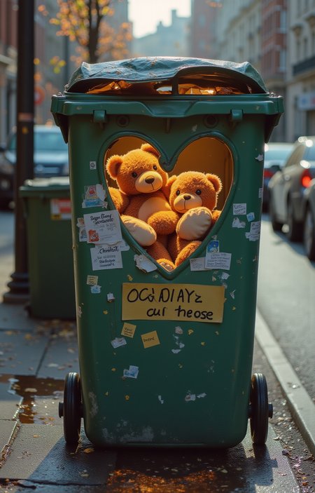 a garbage container is ful of teddy bear and heart shaped box. the homeless man finds .