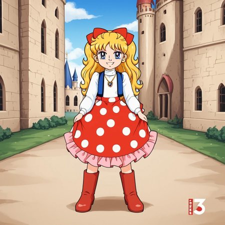 1girl, solo, Angie, blonde hair, blue eyes, long hair, bow, hair bow, red bow, vest, necklace, jewelry, long sleeves, dress, turtleneck, frills, skirt, polka dot skirt, boots, red footwear, smile, full body, standing, castle, front view